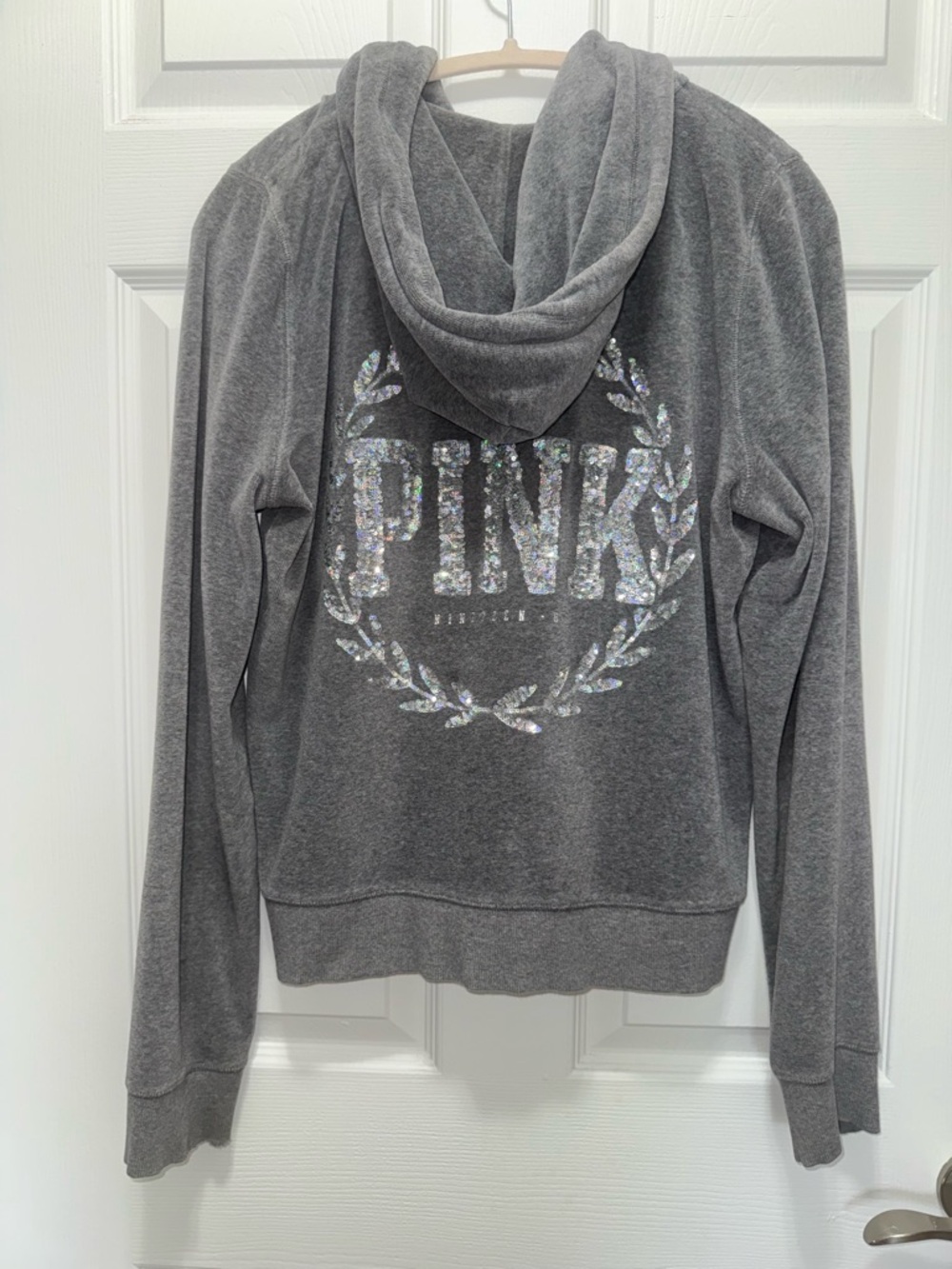 Y2K 2013 Sequin Sparkle Pink Victoria Secret Full Zip Hoodie Gray Size Large